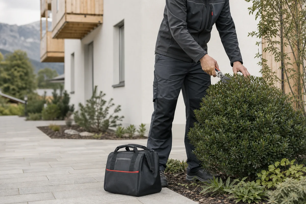 Fachgerechte Strauchpflege im Außenbereich einer Wohnanlage